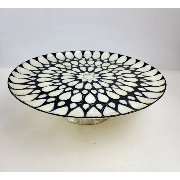 Capiz Shell Pedestal Cake Stand Plate Decorative Flower Inlay Black Ivory 13" - Picture 7 of 15
